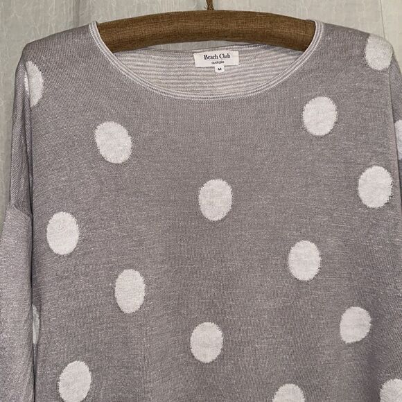 Beach Club S Linen Lightweight Crewneck Sweater Gray White Polka Stripes - Picture 3 of 13